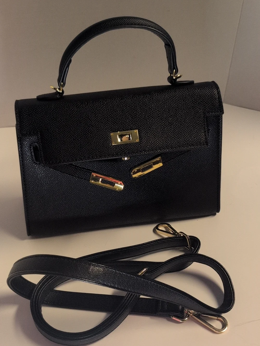 Kelly Inspired Classic Black Top-Handle Vegan Leather Satchel W/ Shoulder Strap